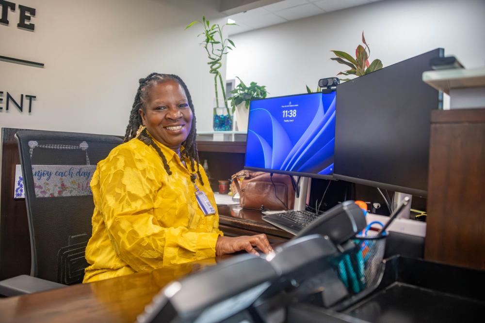 Snapshot of Deborah Moye at her desk in the Office of Research and Economic Development at Mississippi State University